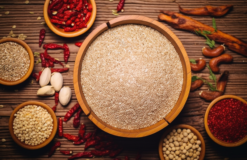 用餐具分装好的藜麦和其他粮食放在脏乱的桌子,高清,摄影图,摄影图片,图片大全,摄影图免费下载